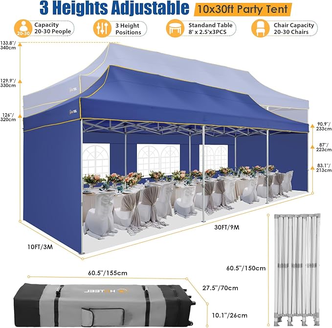 HOTEEL 10x30 Pop up Canopy Tent for Parties, Heavy Duty Easy Setup Tent with 5 Sidewalls, Outdoor Commercial Instant Gazebo for Wedding Event, with Roller Bag & Sand Bags, Dark Blue(Hexagonal Frame)