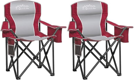 Camping Chair with Cooler Bag, Cup Holder, Storage Pocket, Heavy Duty 450lbs Capacity with Large Anti-Sink Feet, Portable Folding Padded Chair for Outdoor, Beach, Fishing, Sports, Red 2Pack