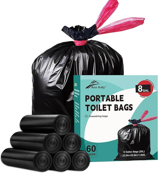 Portable Toilet Bags Drawstring 8 Gallon 60 Count，Camping Toilet Bags Toilet Trash Bags Leak-Proof, Waste Bags for Camping, Hiking, Traveling,Emergency, Outdoor Activities