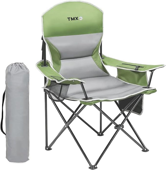 XMT Extra Wide Armrests Portable Folding Chair with Cup Holder Cooler Bag Heavy Duty 600D Oxford Fabric Supports 450lbs Compact Foldable Camping Chair for Outdoor Beach Picnic Sports