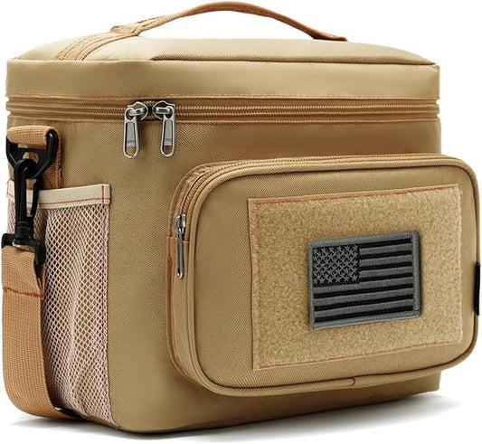 FlowFly Lunch Bag, Insulated Cooler, Thermal Lunch Box Tote with MOLLE/PALS Webbing, Adjustable Padded Shoulder Strap, for Tactical Men Women Adults and Boys Girls Kids (Brown, Large)