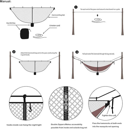 Mosquito net for Camping Hammock, Compact Lightweight Hammock Netting, 12' Long with Dual Sides Zippers Fits All Camping Hammocks