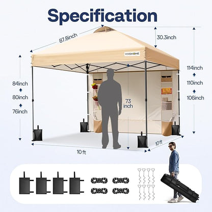 VIVOHOME 10x10ft Pop Up Canopy Tent with Sidewall and 6 Pockets, One Push Setup Outdoor Portable Shelter Tent Heavy Duty with Wheel Carry Bag and 4 Sandbags, Beige