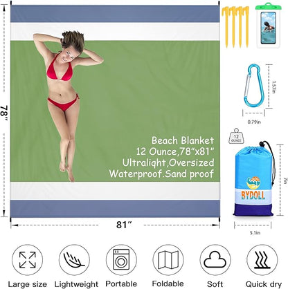 BYDOLL Beach Blanket 78''X81'' 4-7 Adults Oversized Lightweight Waterproof Sandproof Blanket for Beach Large Picnic Mat Travel Camping