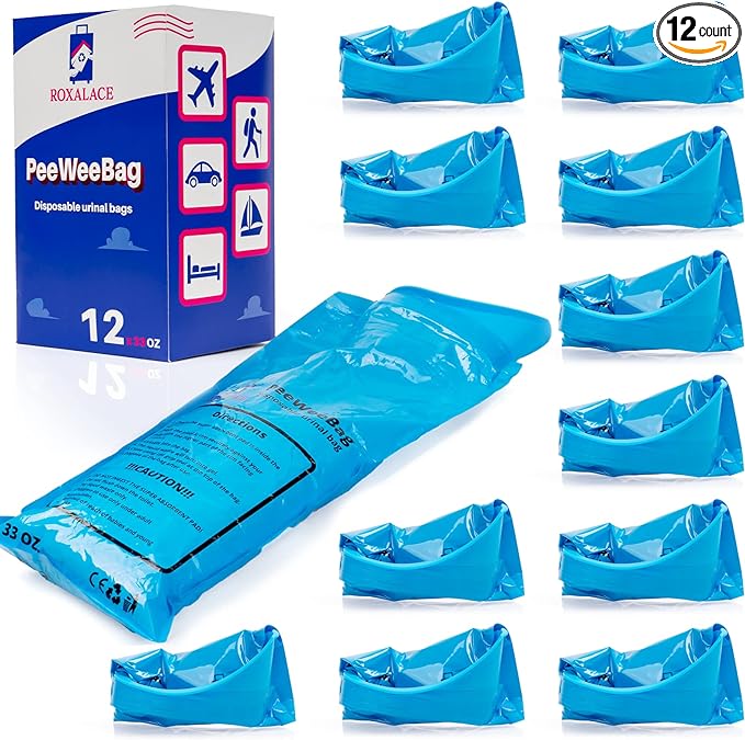 ROXALACE® Resealable Disposable Urinal Bags, 12 Pack 1000 ml Unisex Urine Bag Travel Traffic Jam Emergency Urinals Bag, Camping Pee Bags, Portable Toilet Pee Bags for Men Women Kids Patient