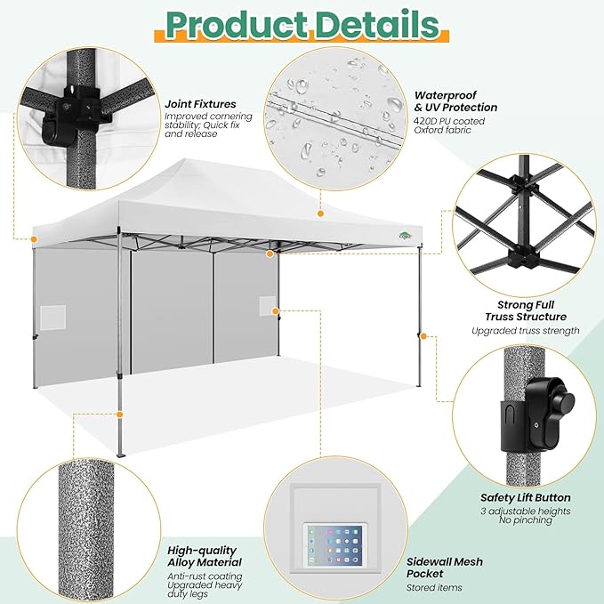 COBIZI 10x15 Heavy Duty Pop up Canopy Tent with 4 sidewalls Commercial Outdoor Canopy Wedding Party Tents for Wedding All Season Wind & Waterproof Gazebo with Carry Bag, White(Frame Thickened)