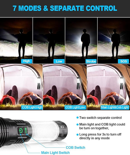 Flashlights High Lumens Rechargeable-100,000LM Super Bright Tactical LED Flashlight,Powerful USB C Flash Light with 360°COB light, Long Beam 3280Ft,7 Modes,Waterproof Handheld Flashlight for Emergency