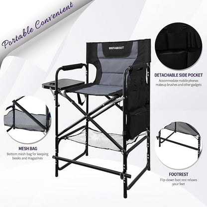 Tall Folding Directors Chair with Side Table 30.71" Seat Height Foldable Camping Chair Bar Stool for Makeup Artist Face Painting with Footrest and Storage Pocket Supports 350LBS