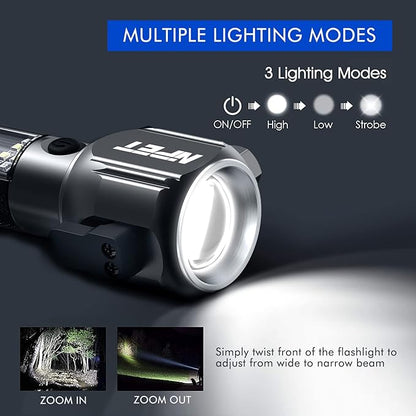 NPET T10-5 Solar Flashlight Car Flashlight Zoomable 1000 Lumens LED COB Light USB Rechargeable Tactical Multi-Function Torch Emergency Tool with Window Breaker Seat Belt Cutter Compass Siren