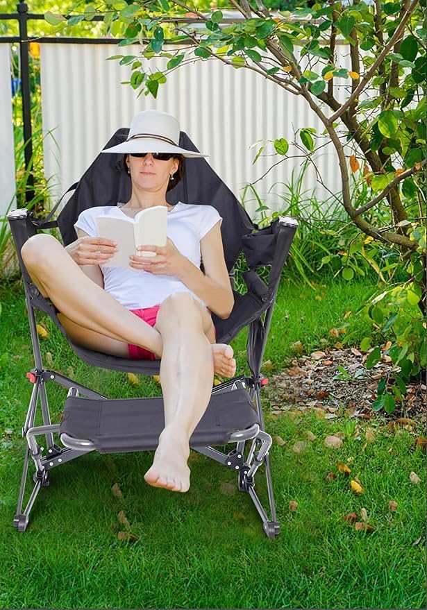 Nice C Hammock Camping Chair, Camping Chair Rocker, Swinging Chair, High Back with Stand, Cup Holder, Side Pocket, Heavy Duty (2, Black w/footrest)