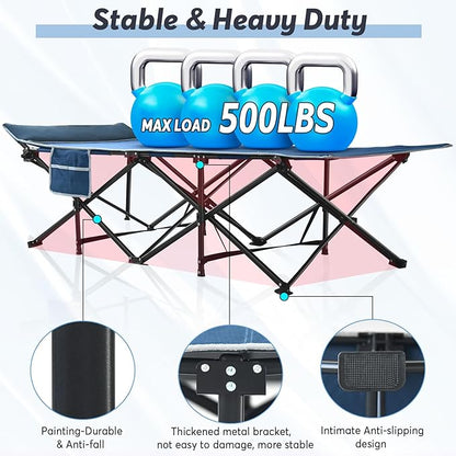 Slendor Oversized XXL Camping Cot, Folding Cot for Adults, 79" L x 32" W x 19" H Sleeping Cot with Mattress, Carry Bag, Camp Cot Bed for Travel, Guest, Support 500lbs, Blue Cot+ Blue Pad