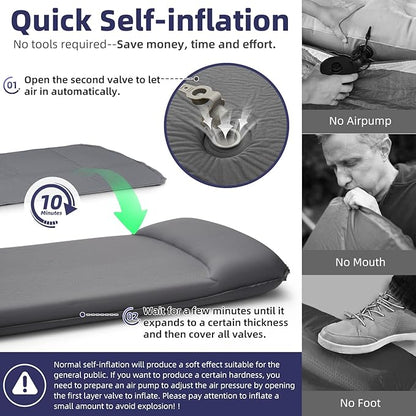 INVOKER Camping Sleeping Pad 2.75” Memory Foam Fast Self Inflating Insulated Durable Camping Mat Air Mattress with Pillow，for Tent, Traveling, Car, Camping, Grey