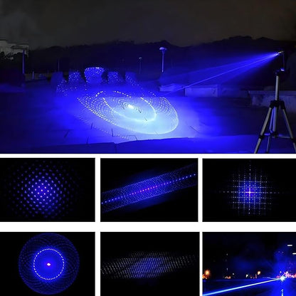 High Power Blue Flashlight, Long Range Powerful Blue Light, Rechargeable Flashlight with 5 Star-Cap for Camping, Hiking, Hunting, Fishing, Silver