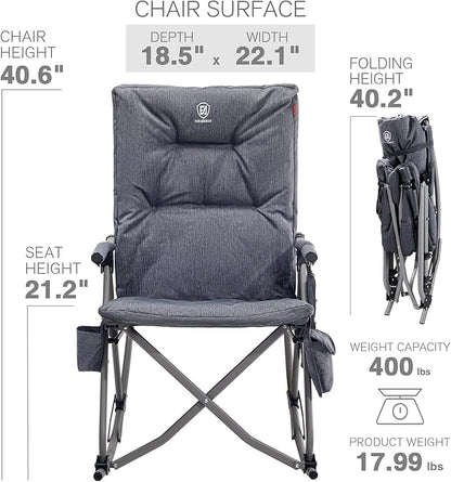 EVER ADVANCED Heated Oversized Folding Rocking Camping Chair, Heating Padded Portable Rocker Chair for Patio, Lawn and Outdoors, Heavy Duty Hard Armchair for Adults Supports 400lbs, Grey