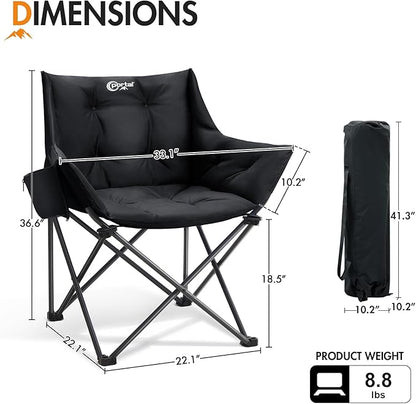 Portal Oversized Padded Camping Chair - Heavy Duty Folding Chair with Cup Holder & Side Pocket, Supports 330 lbs, for Camping, Lawn, Sports, Black