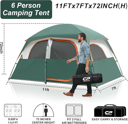 CAMPROS CP Tent 6/8 Person Camping Tents, Waterproof Windproof Family Dome Tent with Top Rainfly, Large Mesh Windows, Double Layer, Easy Set Up, Portable with Carry Bag, for All Seasons