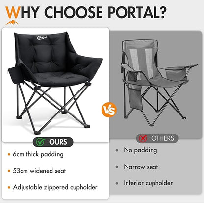 Portal Oversized Padded Camping Chair - Heavy Duty Folding Chair with Cup Holder & Side Pocket, Supports 330 lbs, for Camping, Lawn, Sports, Black