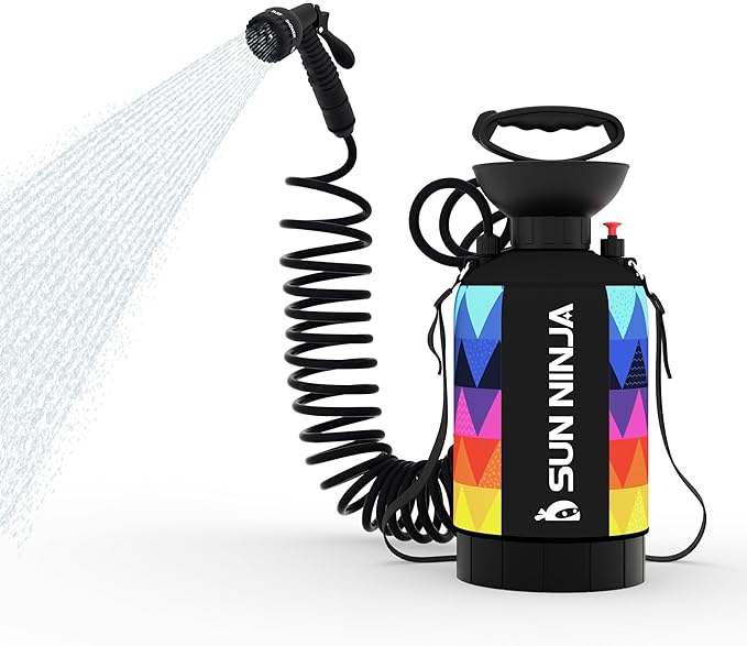 SUN NINJA Portable Shower, Outdoor Portable Camping Shower with Neoprene Cover, Portable Beach Shower Surf Rinse Kit, High Pressure Multi-Purpose Sprayer for Outdoor Essentials, Dog Walking & Hiking
