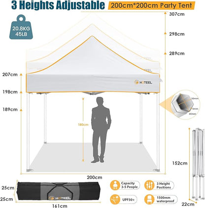 Hoteel 6.6 x 6.6 Pop up Canopy,Easy Up Heavy Duty Canopy with 4 Sidewalls,Upgrade Hexagonal Tube UPF50+ 1500mm Waterproof,Outdoor Canopy Tent with Carry Bag for Commercial Events,Beach,Camping,White