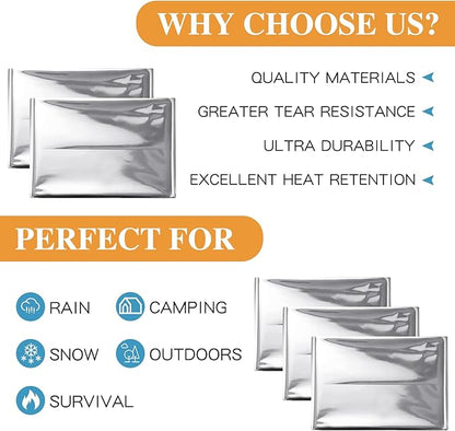 Emergency Blanket Bulk Mylar Survival Thermal Blankets Pack Silver Foil Reflective Blankets for Cold Outdoors Camping Hiking First Aid Shelter Space Emergency Supplies Blanket Set