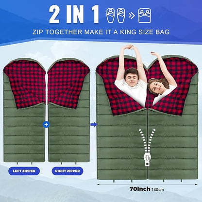 0 Degree Sleeping Bag Cotton Flannel Winter Cold Weather for Adults XXL Sleeping Bag 4 Season Big and Tall with Pillow Compression Sack
