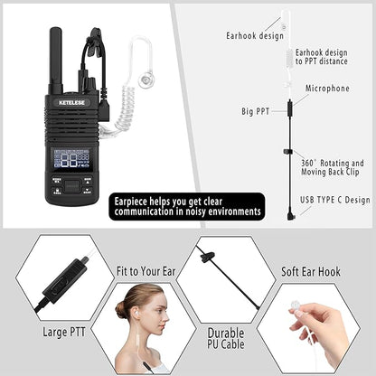 Walkie Talkies Long Range for Adults, Portable FRS Two Way Radio, Long Distance Waki Taki with Earpiece, USB, NOAA, VOX, Group Call for Cruise Ships, Camping, Restaurant, Hunting (2 Pack), Black