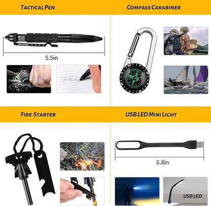 Emergency Survival Gear Kits 60 in 1, Outdoor Survival Tool with Emergency Bracelet Whistle Flashlight Pliers Pen Wire Saw for Camping, Hiking, Climbing,Car