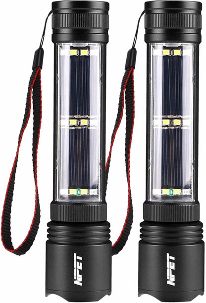 NPET T08-2 Solar Power Flashlight Car Flashlight USB Rechargeable Tactical Multi-Function Torch Emergency Tool (T08-2pack)
