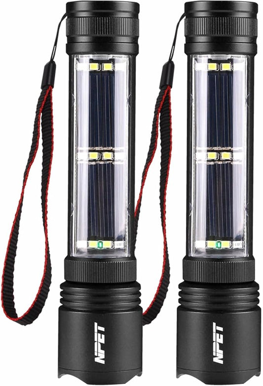 NPET T08-2 Solar Power Flashlight Car Flashlight USB Rechargeable Tactical Multi-Function Torch Emergency Tool (T08-2pack)