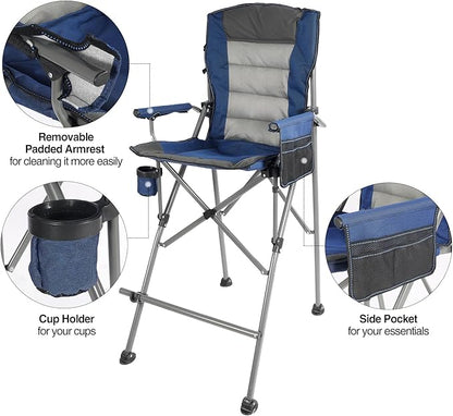 Extra Tall Folding Chairs for Adults 330lbs, Portable Bar Height Foldable Director Chairs for Camping Outside, Comfortable with High Back and Footrest, Blue