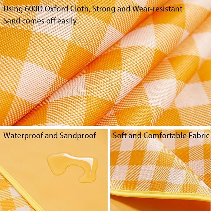 Extra Large Picnic Blanket Beach Blankets, 80''x60'' Picnic Mat Waterproof Sand Proof Foldable Portable for Outdoor Camping Hiking Travel Grass Park Music Festival Lawn Mats (yellow, 80x60 inch)