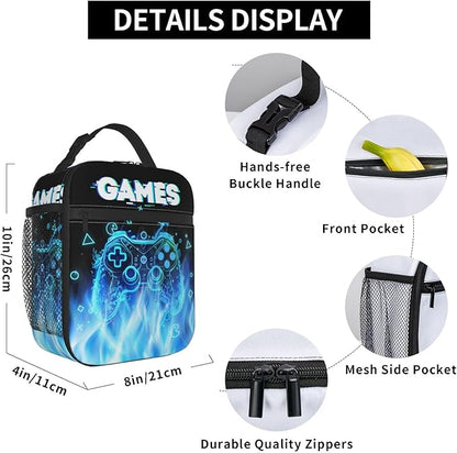 Blue Video Games Joystick Gamer Lunch Bag For Boys Kids Fun Reusable Lunch Box Insulated Meal Bags Portable Lunch Tote For Girls School Men Work Travel
