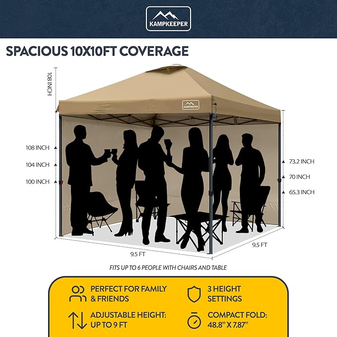 KAMPKEEPER 10x10 Pop Up Canopy Tent with 2 Sidewalls - Waterproof Outdoor Shelter for Sun Shade, Camping, Beach, Patio and Backyard Events, Khaki