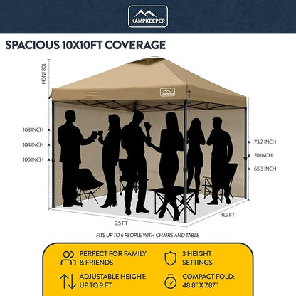 KAMPKEEPER 10x10 Pop Up Canopy Tent with 2 Sidewalls - Waterproof Outdoor Shelter for Sun Shade, Camping, Beach, Patio and Backyard Events, Khaki