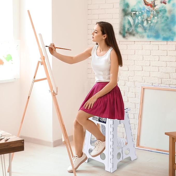 Delxo Folding Step Stool 17.5 Inch White Step Stools for Kids Foldable,Portable Collapsible Step Stool with Handle, Folding Stool for Kitchen Bathroom,Bedroom,Garden
