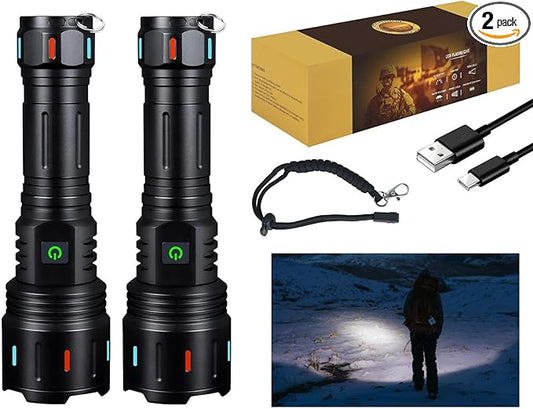 Flashlights High Lumens Rechargeable 2PACK,10000LM Super Bright Flashlight Adjustable Tactical Flashlight, 5 Modes Zoomable Waterproof LED Flash Lights