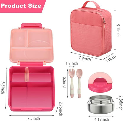 Bento Lunch Box Set for Kids with 8oz Soup Thermo, Leak-Proof Lunch Containers with 4 Compartment, Kids Thermo Hot Food Jar and Insulated Lunch Bag for Kid to School-Pink