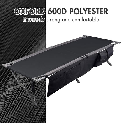 PORTAL Folding Portable Camping Cot, Guest Bed with Carry Bag and Side Storage Organizer, Camping Cots for Adults Sleeping, Away Tent Sleeping Cot Bed, Supports 300 LBS, Black
