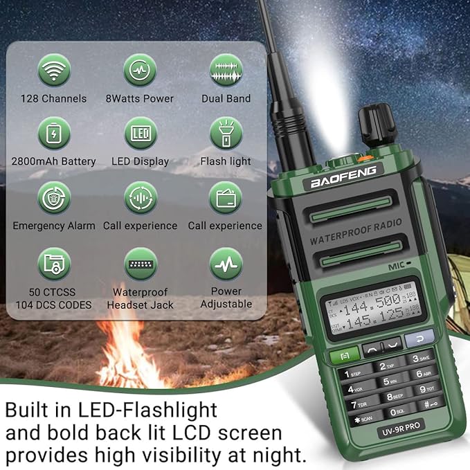 BAOFENG UV-9R Pro 8W Ham Radio Long Range Handheld Dual Band Tri- Power Two-Way Radio Waterproof Transceiver Walkie Talkies Rechargeable with Type-C Charging Cable for Camping Hunting Survival Gear