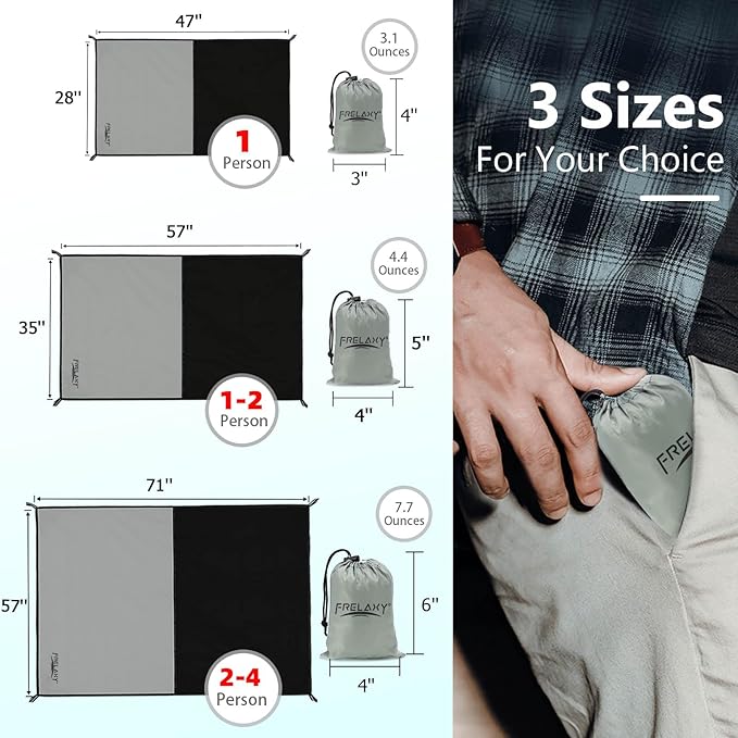 Frelaxy Pocket Picnic Blanket, Waterproof Beach Blanket, Compact Camping Blanket, Lightweight Outdoor Blanket for Beach Festival Camp Picnic Hiking Travel (Grey, 57'' x 71'')