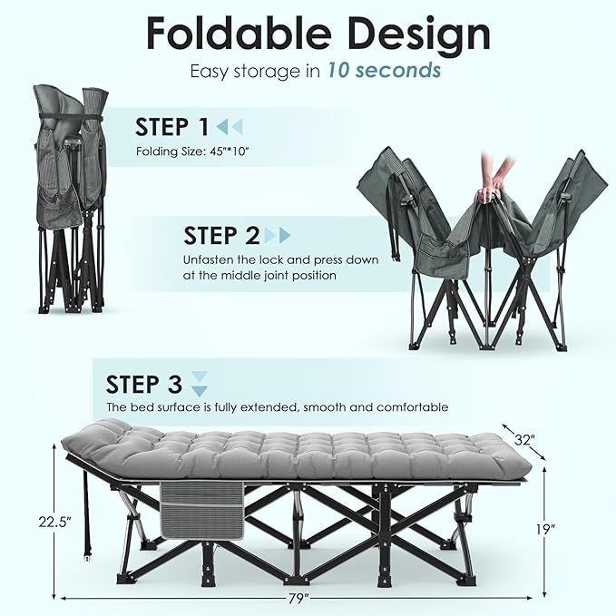 Suteck Camping Cot, 32In XXL Folding Camping Cot Heavy Duty Sleeping Bed for Adults 1200D Double Layer Oxford Cots for Camping W/Pilllow Mattress Carry Bag for Home Office Nap Beach Travel, 500LBS
