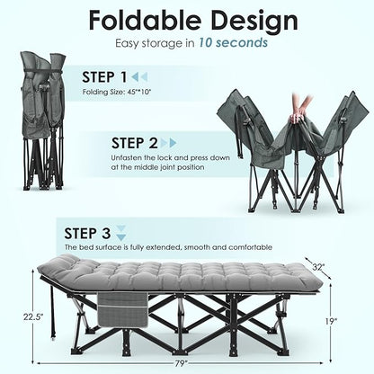 Suteck Camping Cot, 32In XXL Folding Camping Cot Heavy Duty Sleeping Bed for Adults 1200D Double Layer Oxford Cots for Camping W/Pilllow Mattress Carry Bag for Home Office Nap Beach Travel, 500LBS