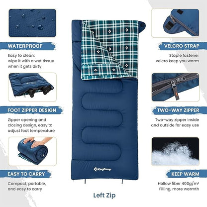 KingCamp Sleeping Bag for Adults, Cold Weather & Warm XL Big and Tall Flannel Sleeping Bags with Compression Sack Portable Waterproof Essentials Gear Accessories for Outdoor Camping