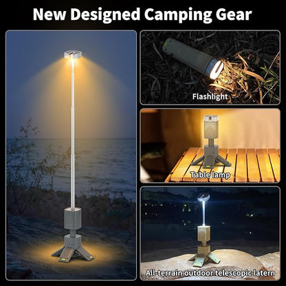 Camping Lantern, 14000mAh Rechargeable Telescopic Camping Lights Built-in Magnetic Stand with Speaker, Portable Waterproof Outdoor LED Flashlight for Emergency, Hiking, Camping, Fishing - Grey