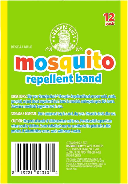 Grandpa Gus's Natural Mosquito Repellent Bracelets for Family, 300 Hours Protection, DEET-FREE, Summer Outdoor Beach Camping Essentials, Regular Assorted Colors, 12 Bands