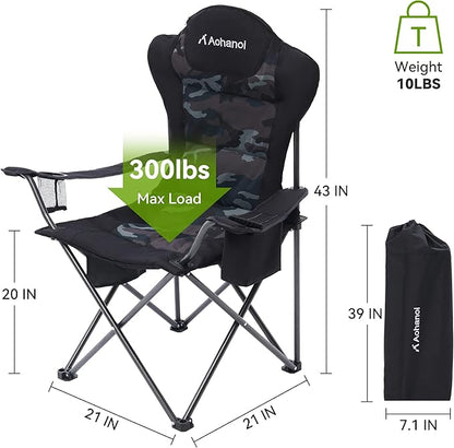 Camping Chairs for Heavy People, Folding Chairs for Outside Outdoor Folding Chairs with Cup Holder & Cooler Bag, Camp Chairs Supports up to 300lbs (1 PC, Camo)