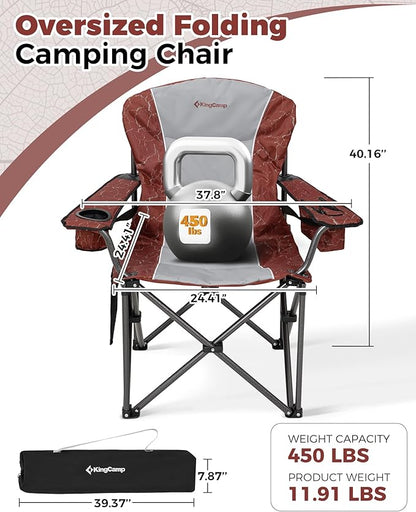 KingCamp Oversized Camping Folding Chair, Heavy Duty 450 LBS with Lumbar Support, Padded seat with Cup Holder&Cooler Bag, Ideal for Camp, Fishing, Sports Event, Backyard, Patio, Lawn