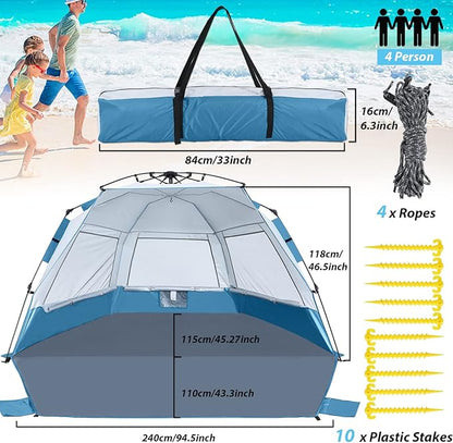 Beach Tent Instant Pop up Sun Shade Shelter for 4-6 Person with UV Protection，Extended Floor，3 Mesh Roll Up Windows with Carry Bag, Sandbags, Stakes(Turquoise)