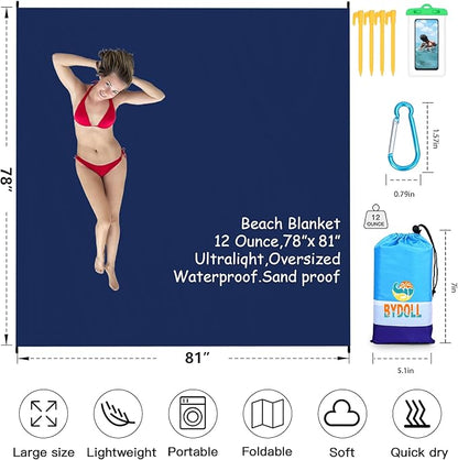 BYDOLL Beach Blanket 78''X81'' 4-7 Adults Oversized Lightweight Waterproof Sandproof Blanket for Beach Large Picnic Mat Travel Camping