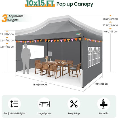COBIZI 10x15 Heavy Duty Pop up Canopy Tent with 4 sidewalls Commercial Outdoor Canopy Wedding Party Tents for Wedding All Season Wind & Waterproof Gazebo with Carry Bag, Gray(Frame Thickened)
